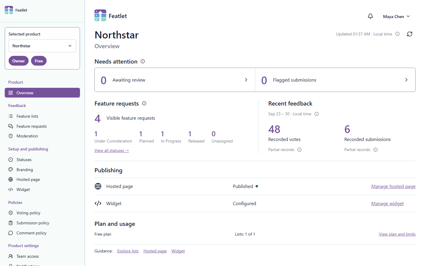 Featlet product overview showing fictional Northstar feedback, request statuses and publishing settings