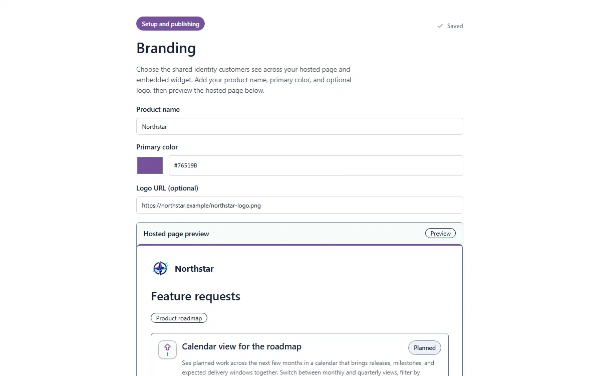 Featlet branding editor showing a fictional Northstar hosted page preview.