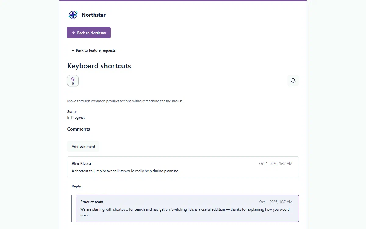 Fictional Northstar request showing a customer comment and an official product-team reply.